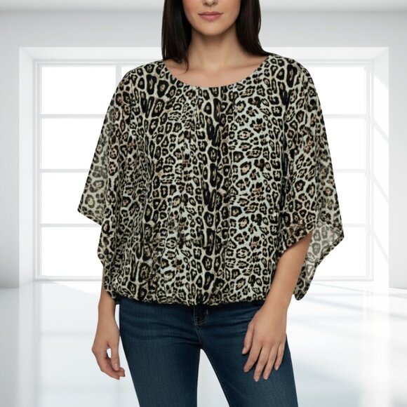 Ember Leopard Print Blouse S Draped Sleeve Elastic Hem Tunic Top Animal Print - Picture 1 of 11